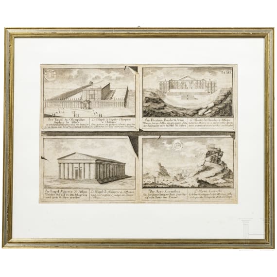 Sechs Kupferstiche mit architektonischen Sehensw&uuml;rdigkeiten, deutsch und Frankreich, 18. Jhdt.