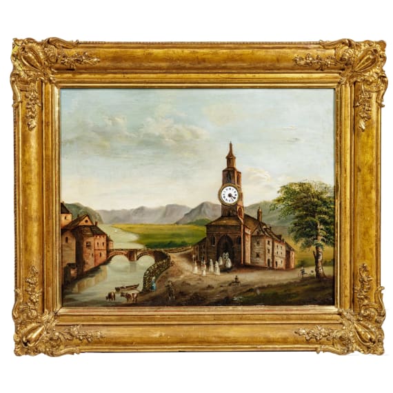 Uhrenbild "Kapelle am Fluss", deutsch, 19. Jhdt.