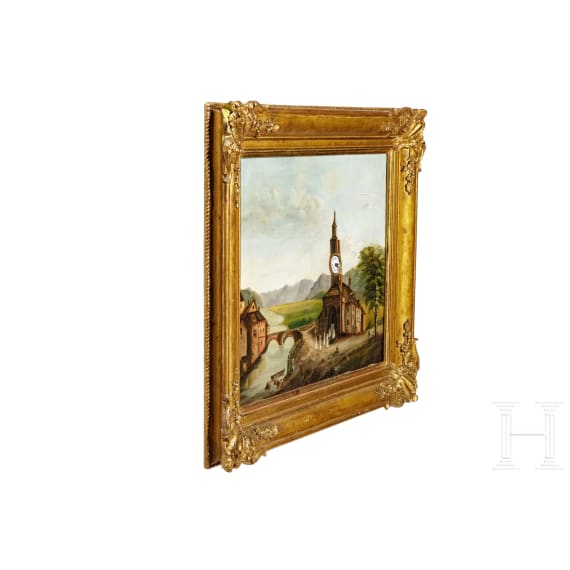 Uhrenbild "Kapelle am Fluss", deutsch, 19. Jhdt.