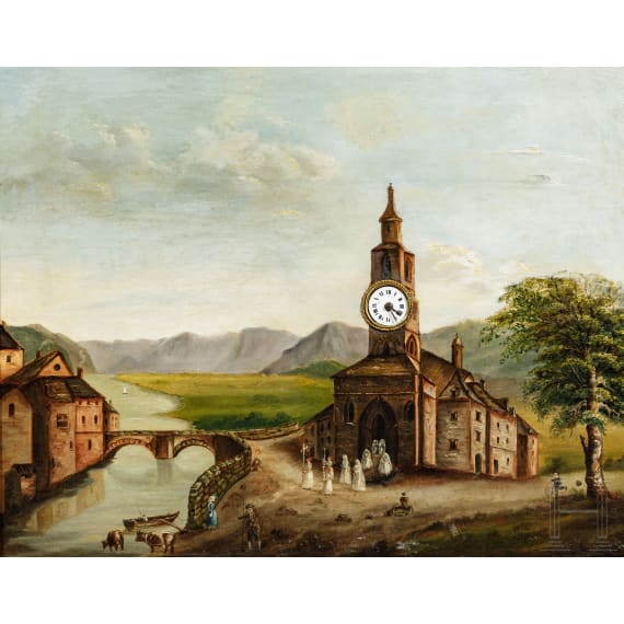 Uhrenbild "Kapelle am Fluss", deutsch, 19. Jhdt.