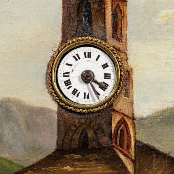 Uhrenbild "Kapelle am Fluss", deutsch, 19. Jhdt.