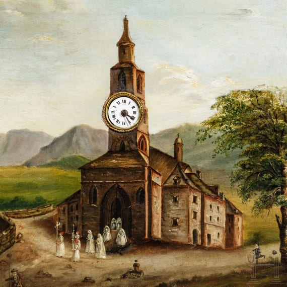 Uhrenbild "Kapelle am Fluss", deutsch, 19. Jhdt.