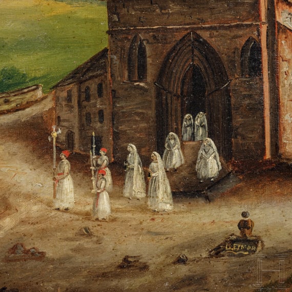 Uhrenbild "Kapelle am Fluss", deutsch, 19. Jhdt.