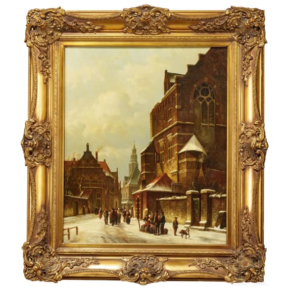 Winterliche Stra&szlig;enszene vor Kirche, 19. Jhdt.