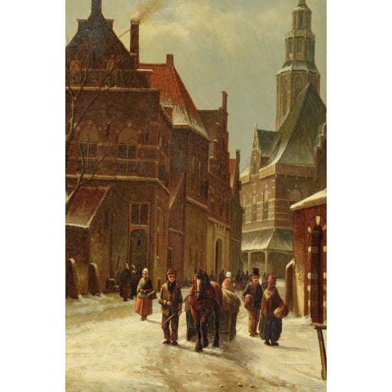 Winterliche Stra&szlig;enszene vor Kirche, 19. Jhdt.