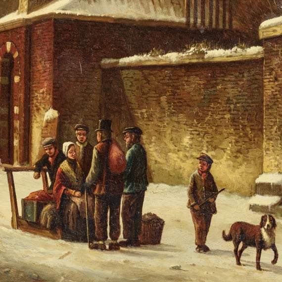 Winterliche Stra&szlig;enszene vor Kirche, 19. Jhdt.