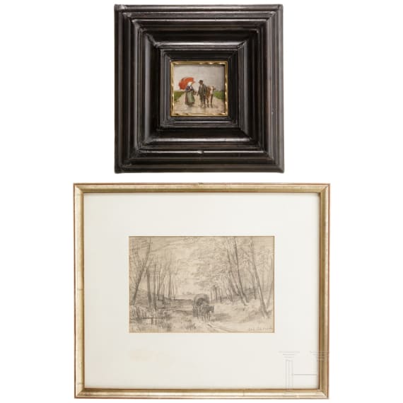 Robert Schleich (1845-1934), kleines Gem&auml;lde und Bleistiftzeichnung
