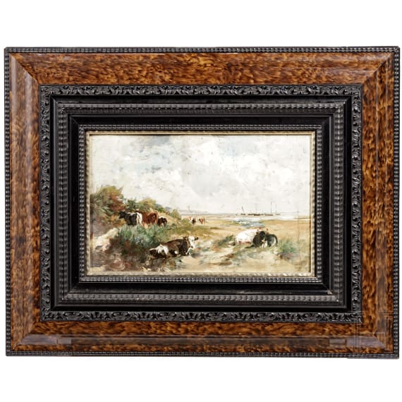 Gem&auml;lde "K&uuml;he am Strand", deutsch oder Niederlande, um 1900