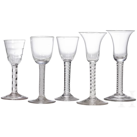 Five German liquor glasses, 18th/19th century