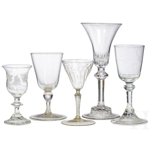 Five German liquor glasses, 19th century