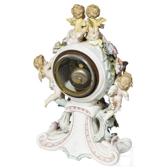 Tischuhr mit Porzellangeh&auml;use, Th&uuml;ringen, um 1900
