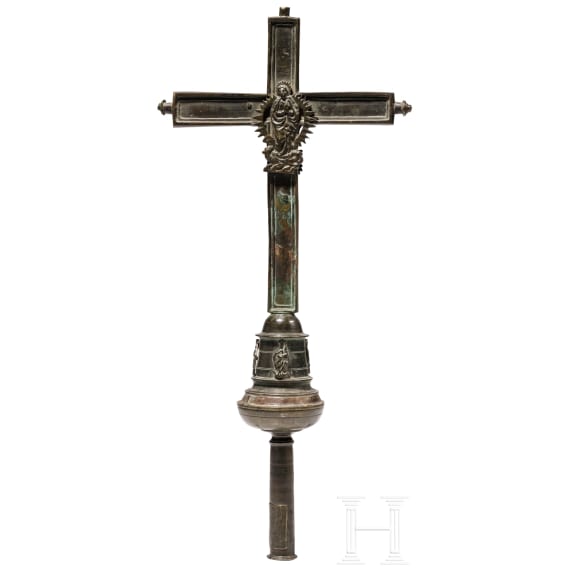 Barockes Vortragekreuz aus Bronze, deutsch, um 1700