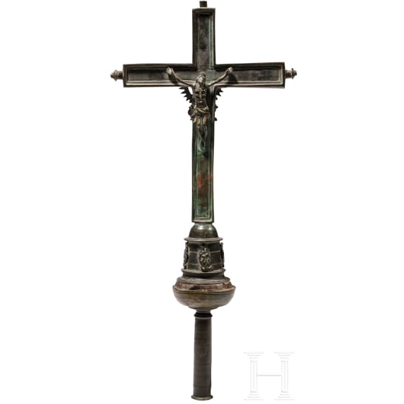Barockes Vortragekreuz aus Bronze, deutsch, um 1700