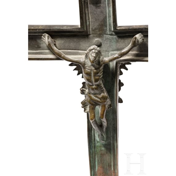 Barockes Vortragekreuz aus Bronze, deutsch, um 1700