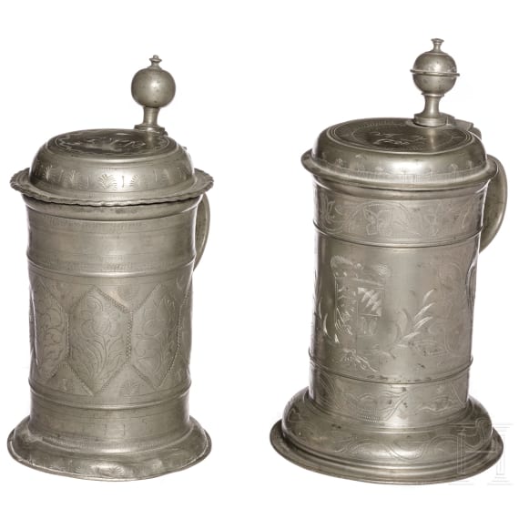 Zwei gravierte Walzenkr&uuml;ge aus Zinn, Bayern, datiert 1715 und 1720