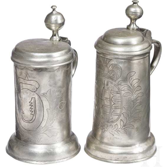 Zwei Walzenkr&uuml;ge aus Zinn, Marienberg und Chemnitz, datiert 1783 und 1785