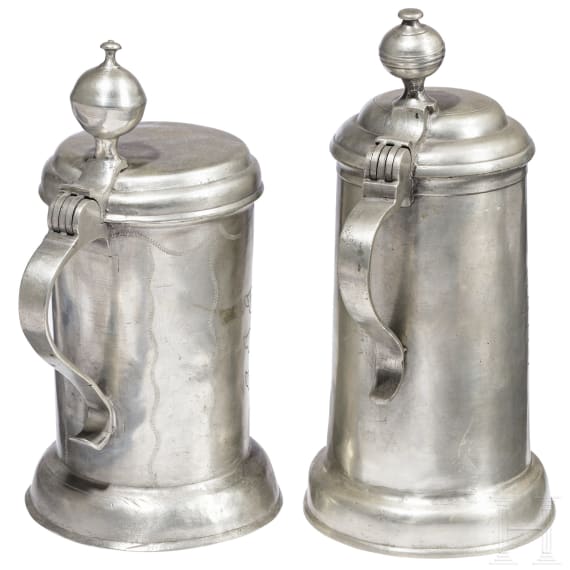 Zwei Walzenkr&uuml;ge aus Zinn, Marienberg und Chemnitz, datiert 1783 und 1785