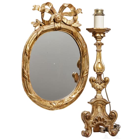 Feiner Louis XVI-Spiegel und Barock-Altarleuchter, deutsch, 18. Jhdt.