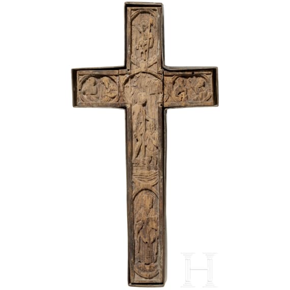 Zweiseitig beschnitzes Holzkreuz, S&uuml;dosteuropa, 17. - 18. Jhdt.