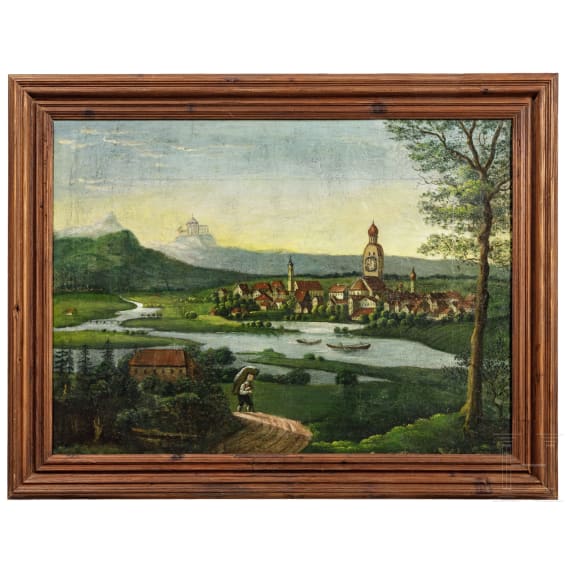Uhrenbild und f&uuml;nf Hinterglasbilder, alpenl&auml;ndisch, 19. Jhdt.
