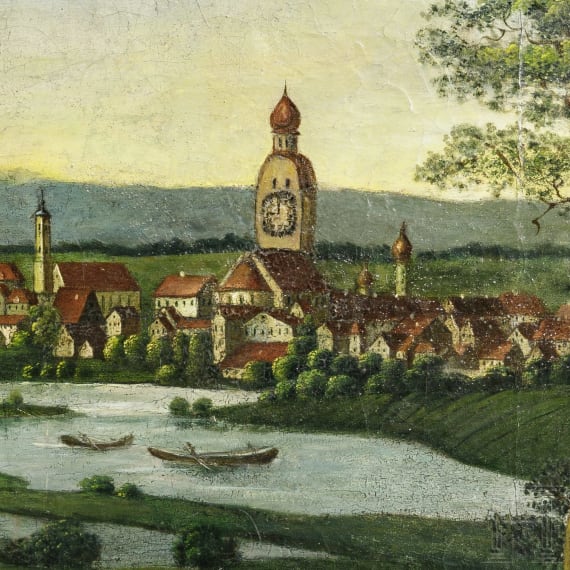 Uhrenbild und f&uuml;nf Hinterglasbilder, alpenl&auml;ndisch, 19. Jhdt.
