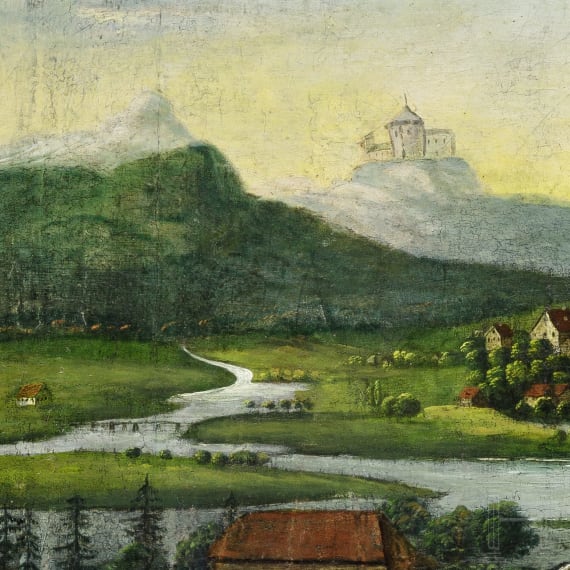 Uhrenbild und f&uuml;nf Hinterglasbilder, alpenl&auml;ndisch, 19. Jhdt.