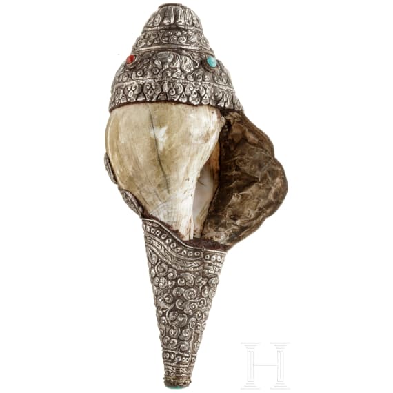 Silbermontiertes Schneckenhorn (Shankha), Tibet, 19. Jhdt.