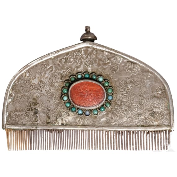 Silbermontierter und steinbesetzter Kamm, Tibet, 20. Jhdt.