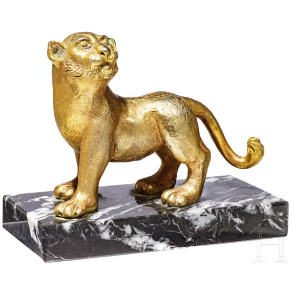 Vergoldete L&ouml;wenskulptur, Bronze, 19. - 20. Jhdt.