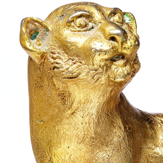 Vergoldete L&ouml;wenskulptur, Bronze, 19. - 20. Jhdt.