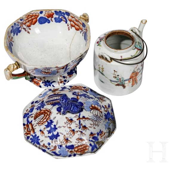 Teekanne, Deckelgef&auml;&szlig; und Thangka-Bild, 19. Jhdt.