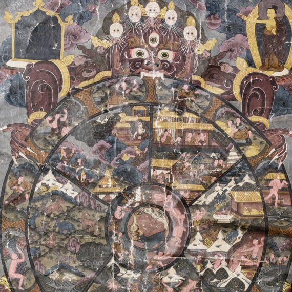 Teekanne, Deckelgef&auml;&szlig; und Thangka-Bild, 19. Jhdt.