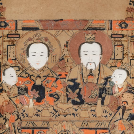 Kolorierter Druck mit Familienportrait, China, 19. Jhdt.