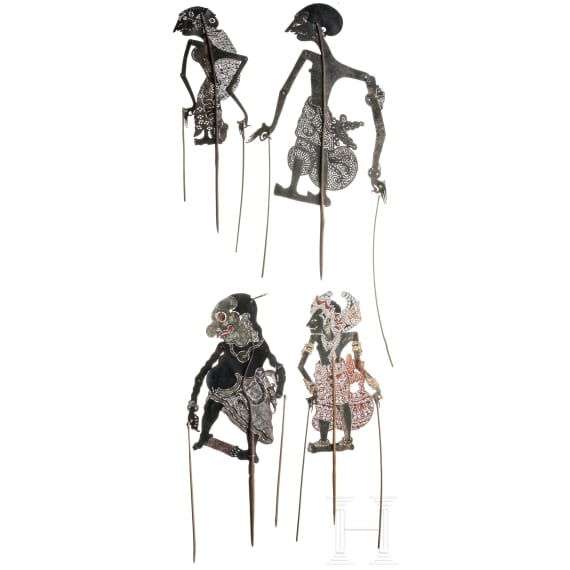 Vier Nang Luang-Schattenspielfiguren, Thailand, um 1900