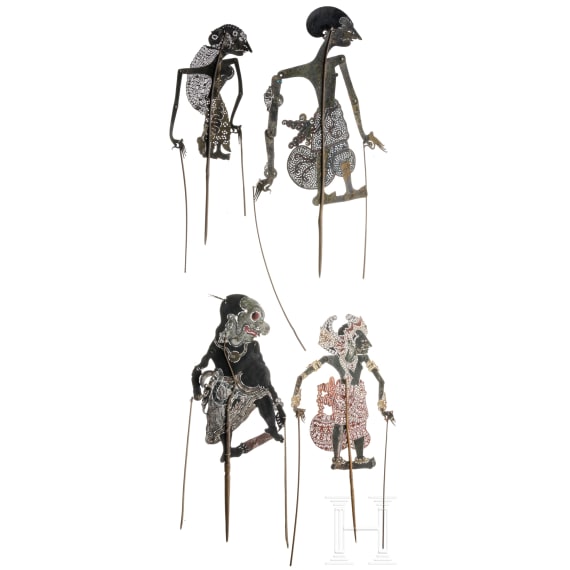 Vier Nang Luang-Schattenspielfiguren, Thailand, um 1900