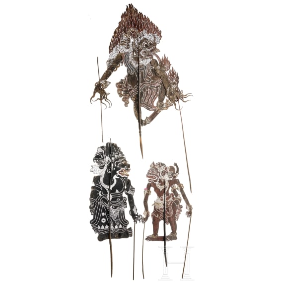 Drei Nang Luang-Schattenspielfiguren, Thailand, um 1900