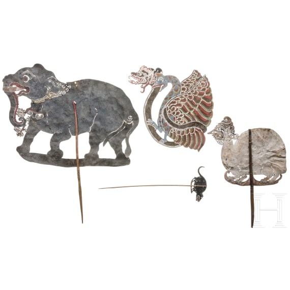 Vier Nang Luang-Schattenspielfiguren, Thailand, um 1900