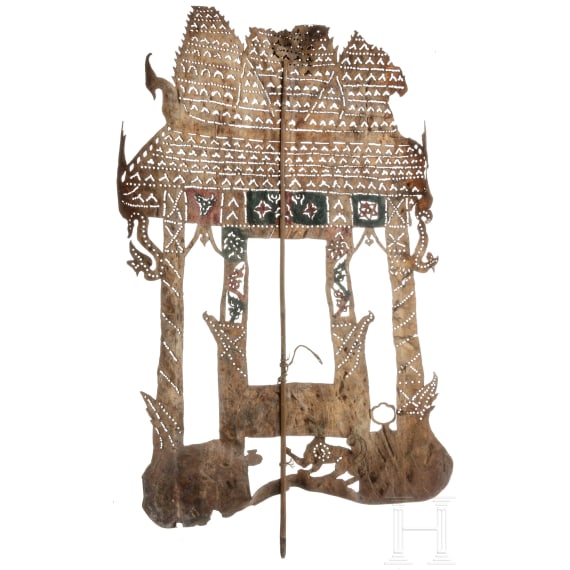 Sechs Nang Luang-Schattenspielfiguren, Thailand, um 1900