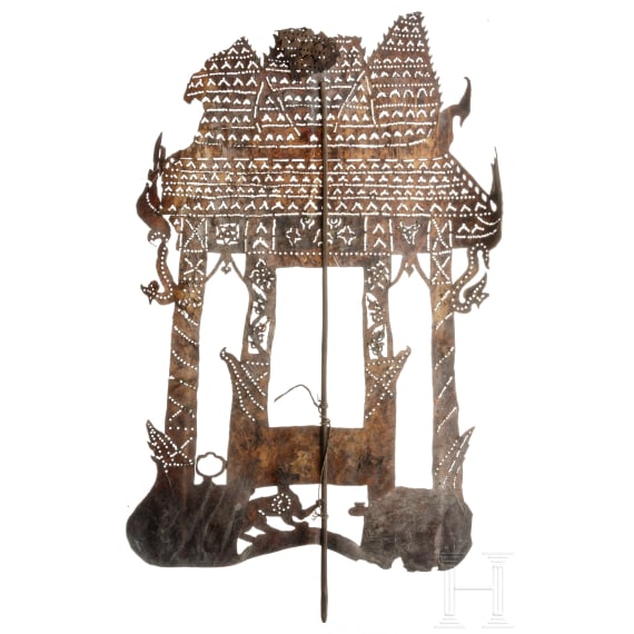 Sechs Nang Luang-Schattenspielfiguren, Thailand, um 1900