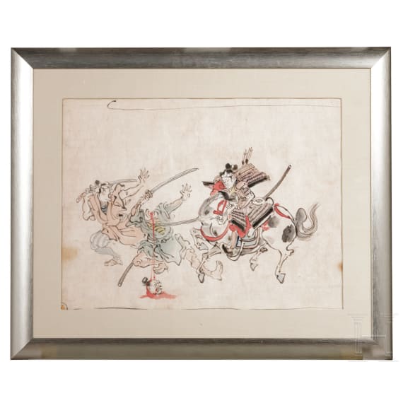 Tuschezeichnung eines berittenen Samurais, Japan, sp&auml;te Edo-Periode