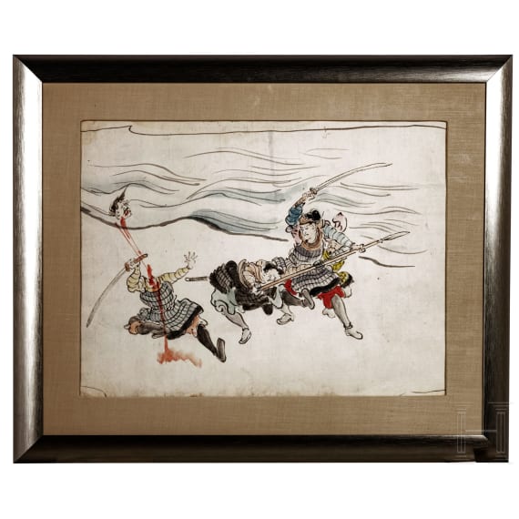 Tuschezeichnung k&auml;mpfender Samurai, Japan, sp&auml;te Edo-Periode