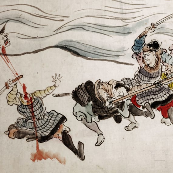 Tuschezeichnung k&auml;mpfender Samurai, Japan, sp&auml;te Edo-Periode
