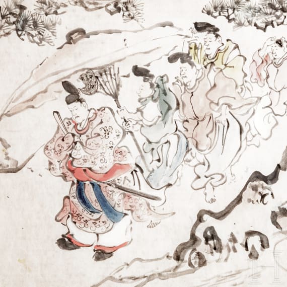 Tuschezeichnung einer Gruppe von H&ouml;flingen, Japan, sp&auml;te Edo-Periode