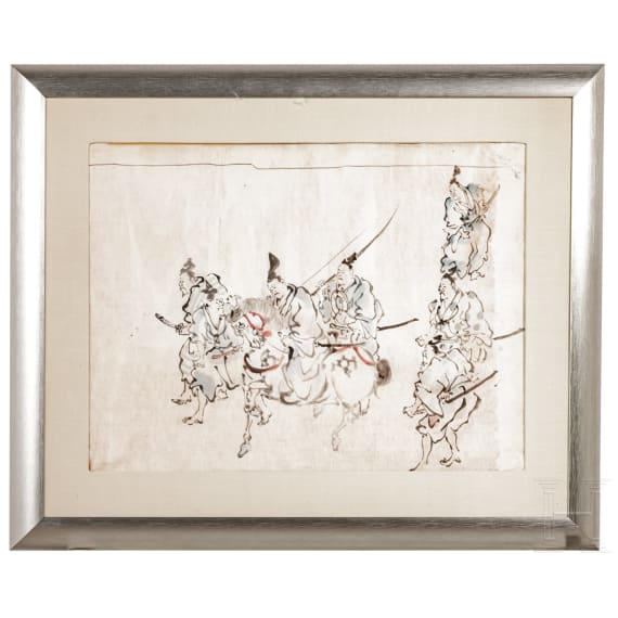 Tuschezeichnung einer Gruppe Samurais, Japan, sp&auml;te Edo-Periode