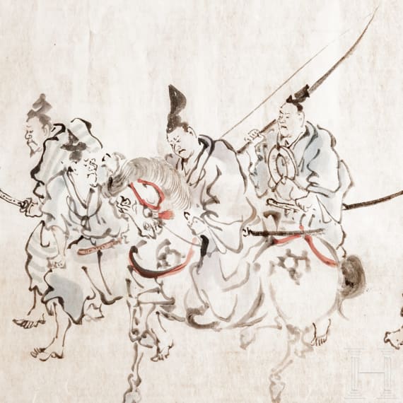 Tuschezeichnung einer Gruppe Samurais, Japan, sp&auml;te Edo-Periode