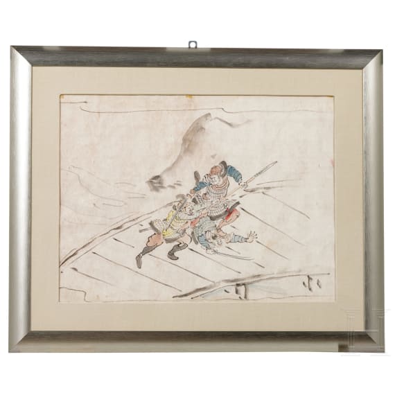 Tuschezeichnung dreier k&auml;mpfender Samurais, Japan, sp&auml;te Edo-Periode