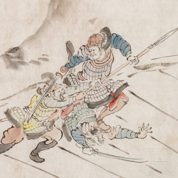 Tuschezeichnung dreier k&auml;mpfender Samurais, Japan, sp&auml;te Edo-Periode