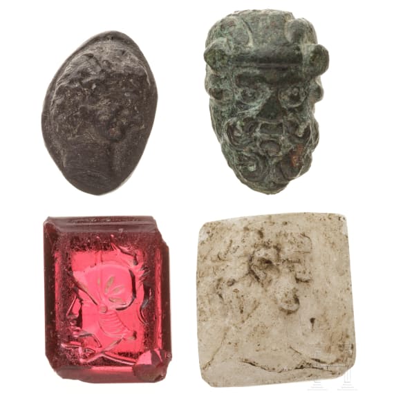Ein Miniatur-Satyrkopf aus Bronze, eine Gemme mit Minervakopf und zwei geschnittene Steine, r&ouml;misch, 1. - 3. Jhdt.