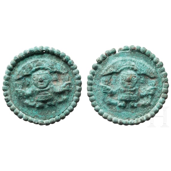 Pair of ear pegs with figural depiction, Moche culture, Peru, 1st - 8th century