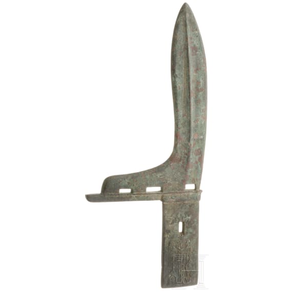 A Chinese bronze Ge dagger axe, Zhou dynasty, 8th - 3rd century B.C.